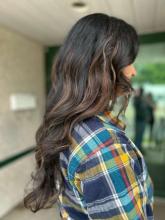 brown caramel balayage brunette dark black brown hair brantford hairstylist hair dresser stylist salon near me highlights partial curled hair