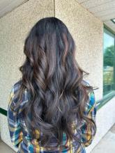 brown balayage brantford hairstylist hair dresser stylist caramel partial highlights brown hair brunette black hair curled hair hairstylist near me 