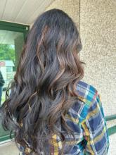 brown caramel balayage ribbon highlights partial highlights foilyage black hair brown hair curled hair brunette summer hair brantford hairstylist hair stylist dresser near me