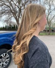 long blonde highlights babylights natural warm blonde hair curled waved curly wavy hair blowout brantford hair salon hairstylist hairdresser hair school near me