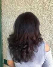dark chocolate brown black brunette rich expensive looking brunette coffee coloured hair dye dyed colour brantford hair school hair salon hairstylist blowout curls blowdry blow dry fluffy hair volume hairstyle layers 90s 