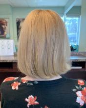 blonde warm natural pretty hair colour lightened dyed dye bob haircut hair cut trim healthy hair brantford hair salon hair school hairstylist near me