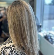 blonde highlights brown lowlights long layers layered haircut platinum blonde natural barbie blonde hairstylist near brantford affordable service blonding hair students