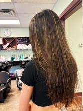 long brown brunette hair with ash blonde highlights hair inspiration 2024 long layers face framing brantford hairstylist hairdresser hair salon school hairstyling