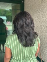 medium long black hair with chocolate brown highlights subtle dimension layers layered haircut hush cut brantford salon hair hairstylist hairdresser hair school hairstyling diploma 