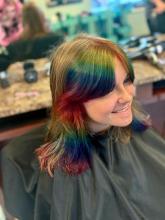 rainbow prism holographic hair red orange yellow blue teal green purple pink raccoon stripes vivid fantasy hair colour transformation rainbow bangs peek-a-boo colour blocking