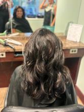 medium long black hair with chocolate brown highlights subtle dimension layers layered haircut hush cut brantford salon hair hairstylist hairdresser hair school hairstyling diploma 