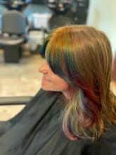 rainbow prism holographic hair red orange yellow blue teal green purple pink raccoon stripes vivid fantasy hair colour transformation rainbow bangs peek-a-boo colour blocking