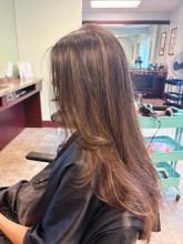 long brown brunette hair with ash blonde highlights hair inspiration 2024 long layers face framing brantford hairstylist hairdresser hair salon school hairstyling