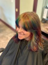 rainbow prism holographic hair red orange yellow blue teal green purple pink raccoon stripes vivid fantasy hair colour transformation rainbow bangs peek-a-boo colour blocking