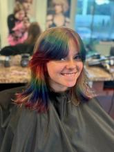 rainbow prism holographic hair red orange yellow blue teal green purple pink raccoon stripes vivid fantasy hair colour transformation rainbow bangs peek-a-boo colour blocking   