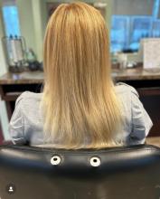 warm golden blonde trend 2024 root retouch highlights long hair ideas brantford hairstylist hairdresser best hairstyling school hair college diploma program in brantford hamilton ontario area 