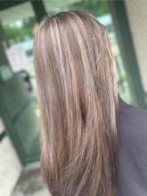 dark brown brunette long hair with icy platinum blonde highlights women's hair ideas 2024 affordable salon hair services near me in brantford ontario top rated best hairstyling school in town for hairstylist diploma 
