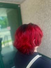 short alternative emo hair women bright blood red hair with black roots women's hair ideas 2024 layers bixie hairstylist near me in brantford ontario affordable colour services school for hairstyling college diploma top rated best in brantford