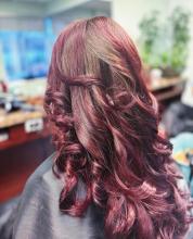 purple red burgundy pink raspberry violet colour balayage ombre hair long curly curled styled hair hairstyle hairstylist hairdresser near me brantford ontario best top rated hair school of hairstyling barbering and aesthetics college diploma program 2023 hair trends