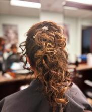 updo up-do bridal wedding party prom graduation special occasion hair style hairstyle hairdo half up half down curly hair ponytail pony updo 