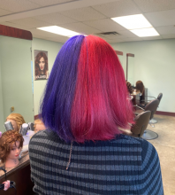 colour correction color correction split hair dye half and half hair colour red pink hair purple blue hair bob dyed hair fantasy hair cool hair ideas affordable hair dye services near me hair salon hairstylist hair stylist dresser brantford