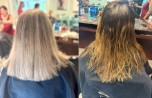 hair transformation before and after brassy box dye colour correction vanilla ash blonde balayage beige ombre highlights affordable hair service hairstylist near me brantford hairstyling course diploma career college skilled trades ontario