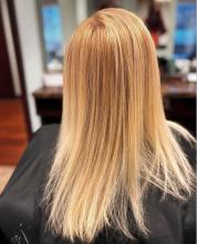warm golden tone blonde hair root retouch highlights foils long hair balayage partial highlight full highlight hairstylist hairdresser hair stylist dresser near me in brantford ontario affordable hair services colour and cut best top rate hair school in brantford with hairstyling and barbering college diploma program